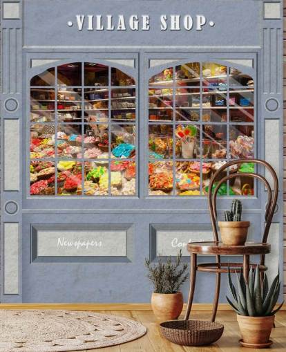 kundenspezifisches Fassadentapetenwandbild namens Village Shop für Pflegeheime