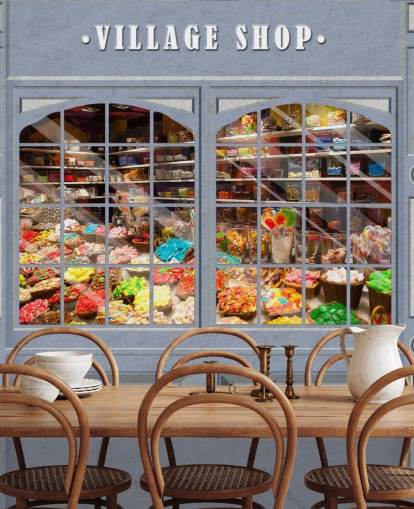 mural de papel pintado de fachada personalizado llamado Village Shop para residencias de ancianos