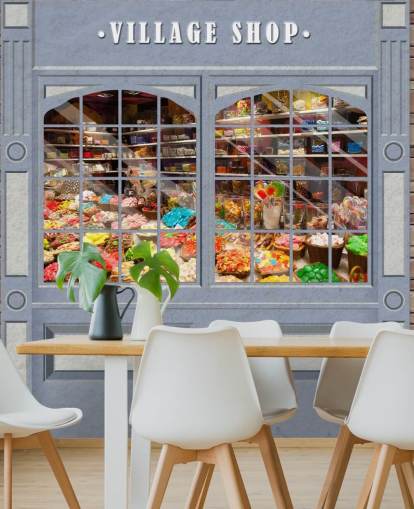 custom facade wallpaper mural called Village Shop for care homes