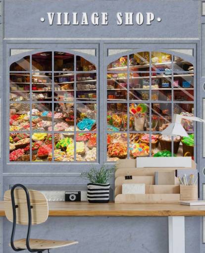 tilpasset fasadetveggmaleri kalt Village Shop for omsorgsboliger