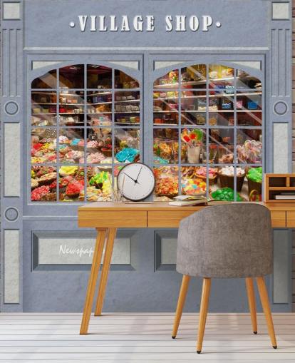 custom facade wallpaper mural called Village Shop for care homes