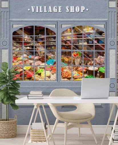 op maat gemaakte gevelbehangmuurschildering genaamd Village Shop voor verzorgingstehuizen