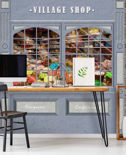 op maat gemaakte gevelbehangmuurschildering genaamd Village Shop voor verzorgingstehuizen