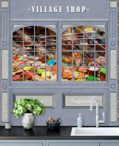custom facade wallpaper mural called Village Shop for care homes