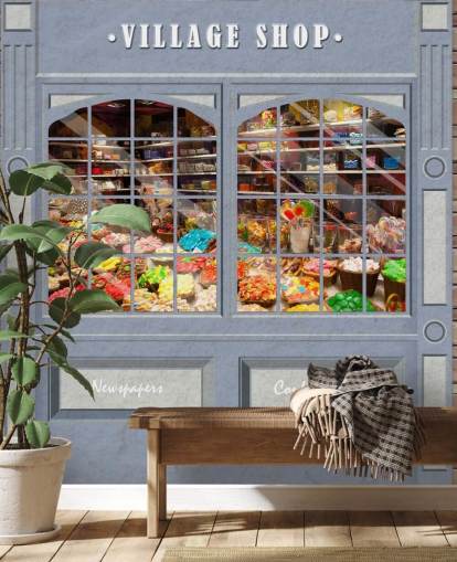 anpassad fasad tapetväggmålning som heter Village Shop för vårdhem anpassad fasad tapetväggmålning som heter Village Shop för vårdhem