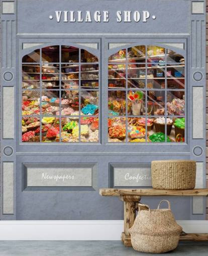 carta da parati murale personalizzata per facciate chiamata Village Shop per case di cura