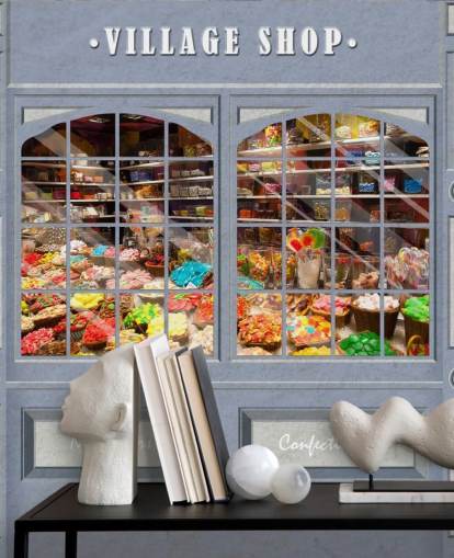 custom facade wallpaper mural called Village Shop for care homes