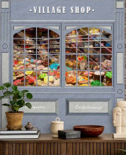 kundenspezifisches Fassadentapetenwandbild namens Village Shop für Pflegeheime