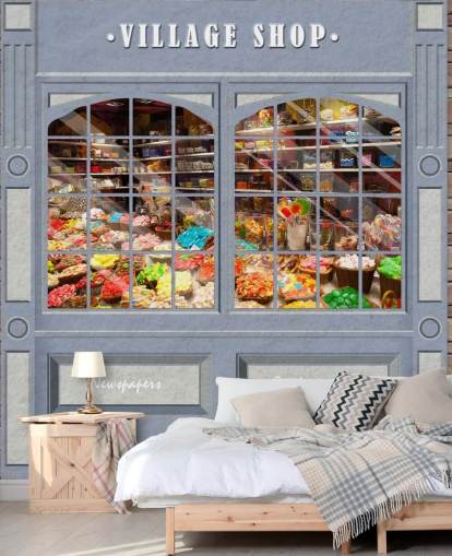 kundenspezifisches Fassadentapetenwandbild namens Village Shop für Pflegeheime