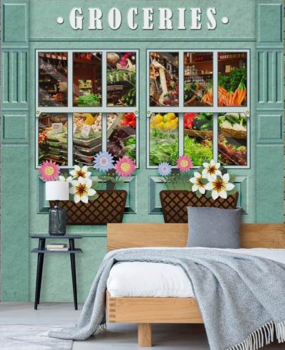 mural de papel de parede de fachada personalizado chamado Mercearia para casas de repouso