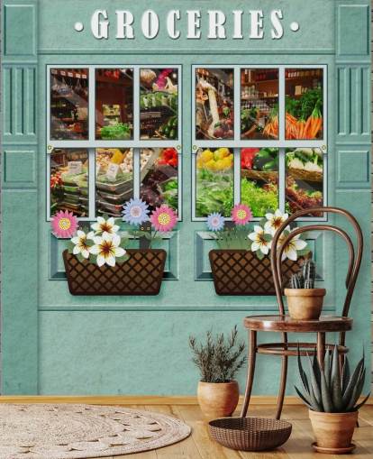 carta da parati murale personalizzata per facciate chiamata Groceries for care homes