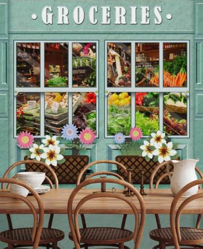 custom facade wallpaper mural called Groceries for care homes