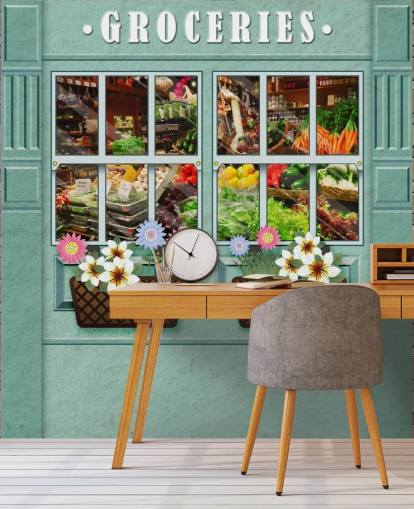 custom facade wallpaper mural called Groceries for care homes