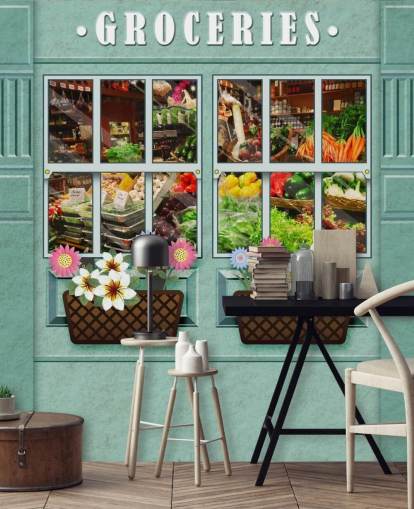 mural de papel pintado de fachada personalizado llamado Groceries for care homes