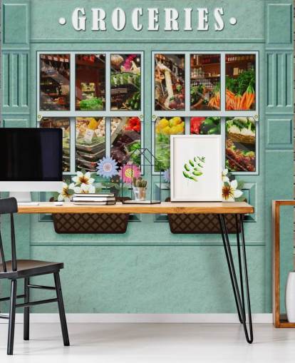 custom facade wallpaper mural called Groceries for care homes