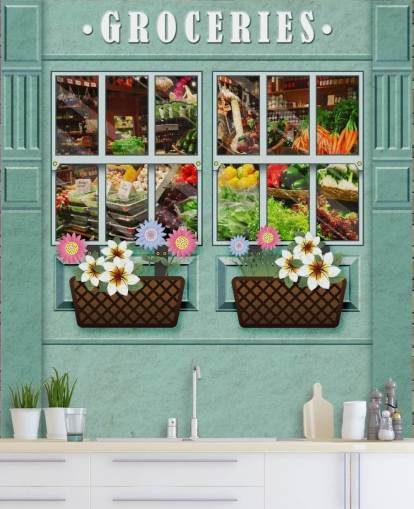 custom facade wallpaper mural called Groceries for care homes