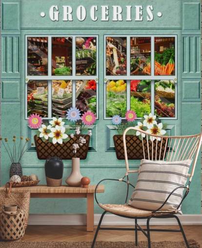 op maat gemaakte gevelbehangmuurschildering genaamd Groceries for care homes op maat gemaakte gevelbehangmuurschildering genaamd Groceries for care homes