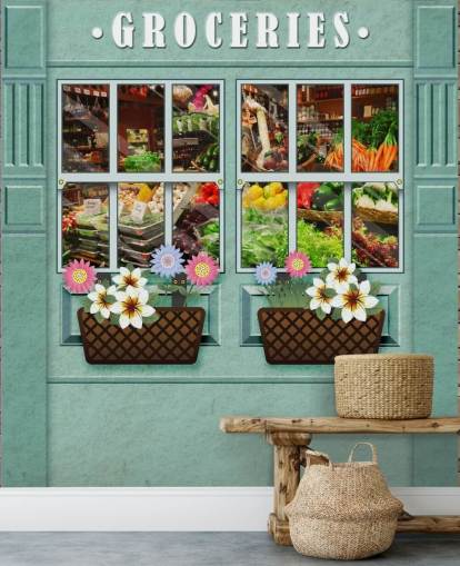 carta da parati murale personalizzata per facciate chiamata Groceries for care homes