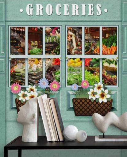 custom facade wallpaper mural called Groceries for care homes