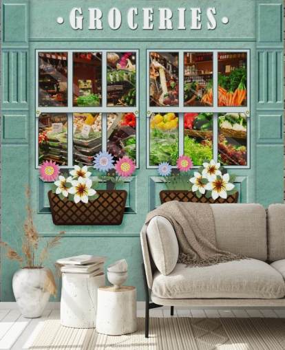 mural de papel pintado de fachada personalizado llamado Groceries for care homes