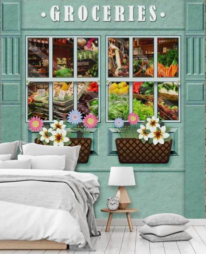 custom facade wallpaper mural called Groceries for care homes