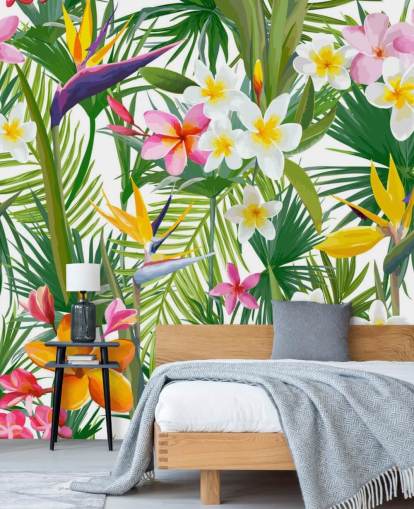 farverigt bladtapet vægmaleri kaldet Tropical Palm Leaves and Flowers til badeværelser og soveværelser farverigt bladtapet vægmaleri kaldet Tropical Palm Leaves and Flowers til badeværelser og soveværelser