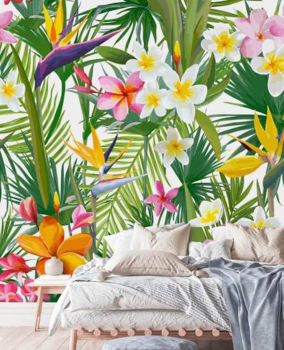 kleurrijke bladbehangmuurschildering genaamd Tropical Palm Leaves and Flowers voor badkamers en slaapkamers kleurrijke bladbehangmuurschildering genaamd Tropical Palm Leaves and Flowers voor badkamers en slaapkamers