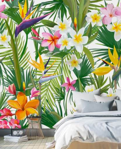 mural de papel pintado con hojas de colores llamado Tropical Palm Leaves and Flowers para baños y dormitorios mural de papel pintado con hojas de colores llamado Tropical Palm Leaves and Flowers para baños y dormitorios