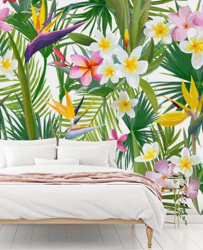 carta da parati murale con foglie colorate chiamata Tropical Palm Leaves and Flowers per bagni e camere da letto