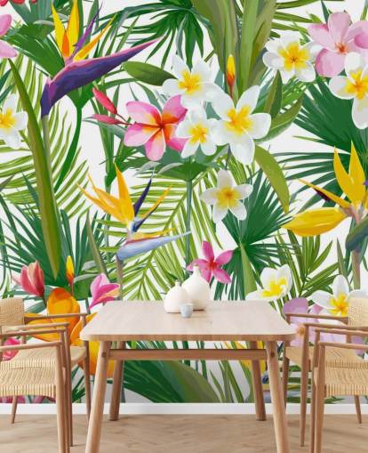 colorful leaf wallpaper mural called Tropical Palm Leaves and Flowers for bathrooms and bedrooms