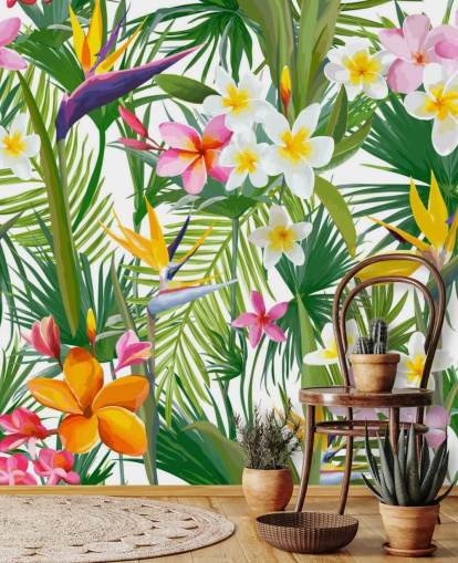 mural de papel pintado con hojas de colores llamado Tropical Palm Leaves and Flowers para baños y dormitorios mural de papel pintado con hojas de colores llamado Tropical Palm Leaves and Flowers para baños y dormitorios