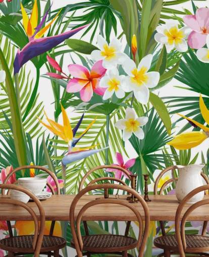 colorful leaf wallpaper mural called Tropical Palm Leaves and Flowers for bathrooms and bedrooms