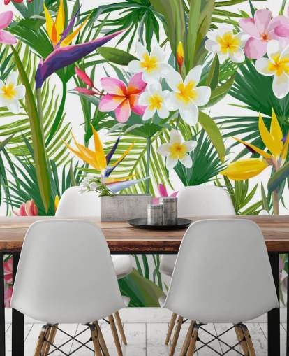 Buntes Blatttapeten-Wandbild mit dem Titel Tropische Palmenblätter und Blumen für Badezimmer und Schlafzimmer