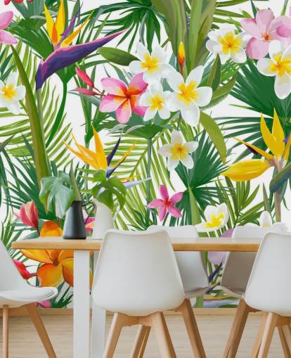 colourful leaf wallpaper mural called Tropical Palm Leaves and Flowers for bathrooms and bedrooms