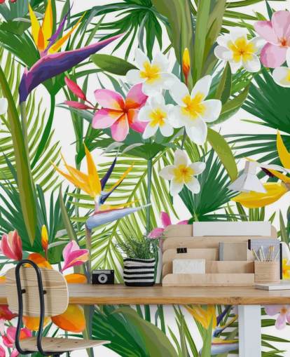 mural de papel de parede de folhas coloridas chamado Tropical Palm Leaves and Flowers para banheiros e quartos