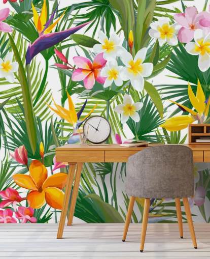 fargerikt bladtapet veggmaleri kalt Tropical Palm Leaves and Flowers for bad og soverom