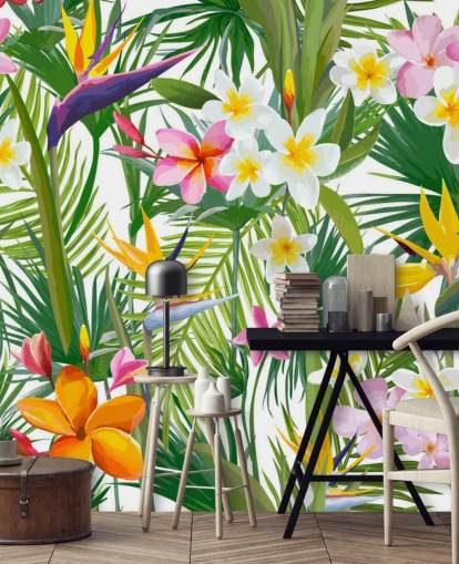 kleurrijke bladbehangmuurschildering genaamd Tropical Palm Leaves and Flowers voor badkamers en slaapkamers kleurrijke bladbehangmuurschildering genaamd Tropical Palm Leaves and Flowers voor badkamers en slaapkamers