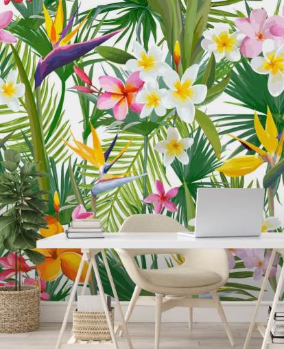 värikäs lehtitaustakuvamaalaus nimeltä Tropical Palm Leaves and Flowers kylpyhuoneisiin ja makuuhuoneisiin värikäs lehtitaustakuvamaalaus nimeltä Tropical Palm Leaves and Flowers kylpyhuoneisiin ja makuuhuoneisiin