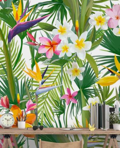 mural de papel pintado con hojas de colores llamado Tropical Palm Leaves and Flowers para baños y dormitorios