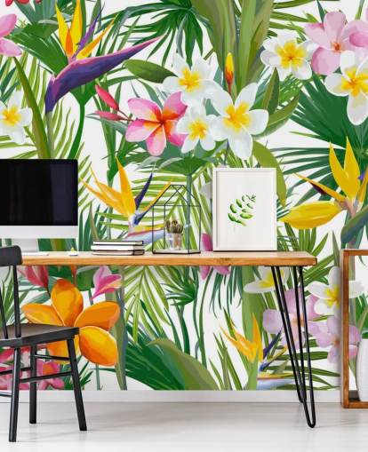 värikäs lehtitaustakuvamaalaus nimeltä Tropical Palm Leaves and Flowers kylpyhuoneisiin ja makuuhuoneisiin