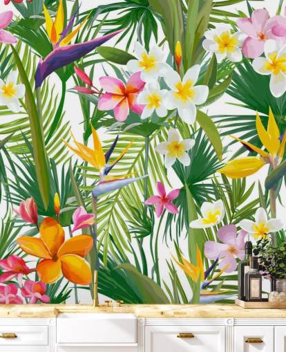 colorful leaf wallpaper mural called Tropical Palm Leaves and Flowers for bathrooms and bedrooms