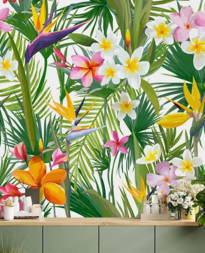 carta da parati murale con foglie colorate chiamata Tropical Palm Leaves and Flowers per bagni e camere da letto carta da parati murale con foglie colorate chiamata Tropical Palm Leaves and Flowers per bagni e camere da letto