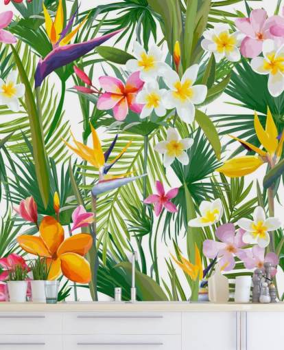 värikäs lehtitaustakuvamaalaus nimeltä Tropical Palm Leaves and Flowers kylpyhuoneisiin ja makuuhuoneisiin värikäs lehtitaustakuvamaalaus nimeltä Tropical Palm Leaves and Flowers kylpyhuoneisiin ja makuuhuoneisiin