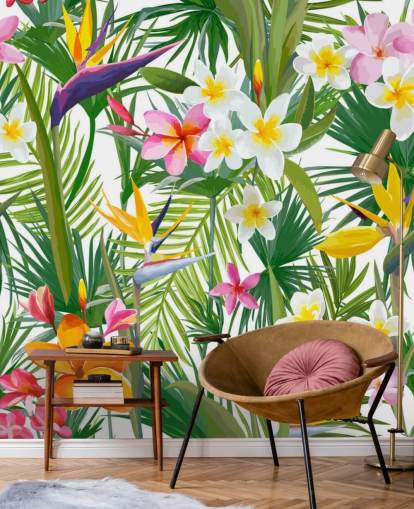 fargerikt bladtapet veggmaleri kalt Tropical Palm Leaves and Flowers for bad og soverom