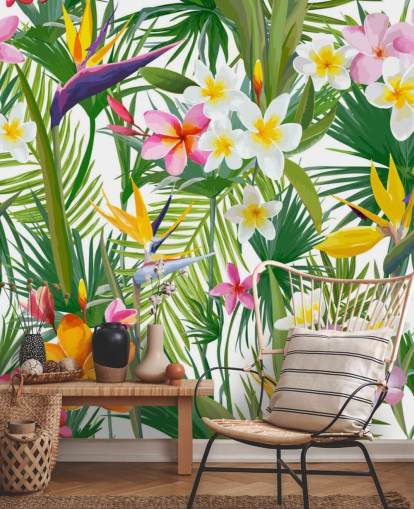 mural de papel pintado con hojas de colores llamado Tropical Palm Leaves and Flowers para baños y dormitorios