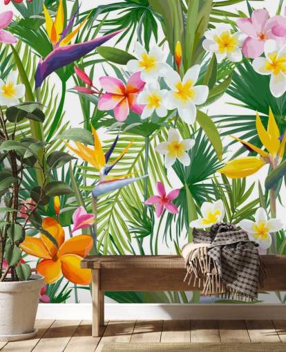 mural de papel pintado con hojas de colores llamado Tropical Palm Leaves and Flowers para baños y dormitorios mural de papel pintado con hojas de colores llamado Tropical Palm Leaves and Flowers para baños y dormitorios