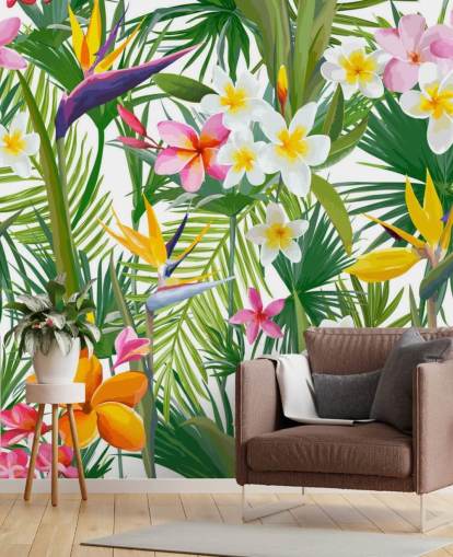 Buntes Blatttapeten-Wandbild mit dem Titel Tropische Palmenblätter und Blumen für Badezimmer und Schlafzimmer