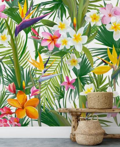 farverigt bladtapet vægmaleri kaldet Tropical Palm Leaves and Flowers til badeværelser og soveværelser