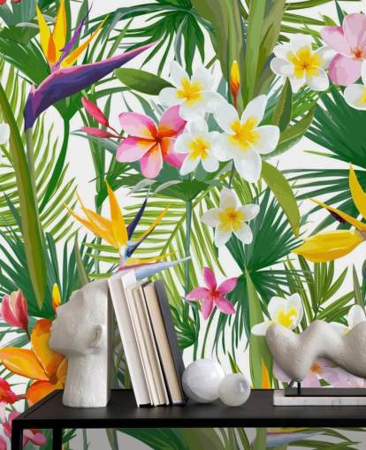 colourful leaf wallpaper mural called Tropical Palm Leaves and Flowers for bathrooms and bedrooms