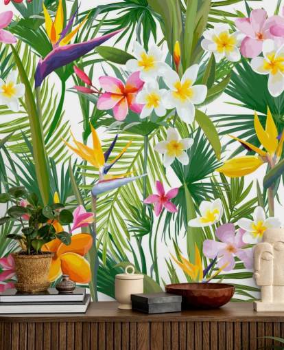 Buntes Blatttapeten-Wandbild mit dem Titel Tropische Palmenblätter und Blumen für Badezimmer und Schlafzimmer